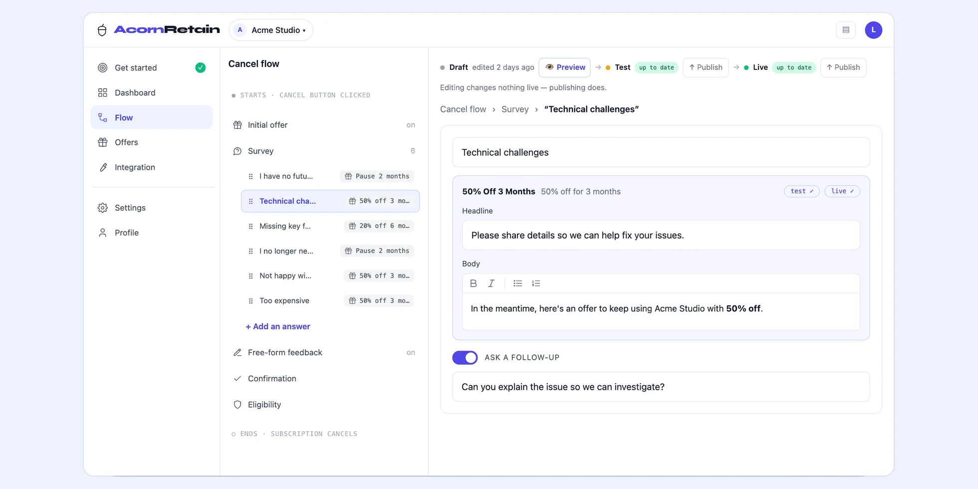 The flow editor: the cancel flow’s steps on the left, and the offer attached to the “Technical challenges” answer being edited on the right.