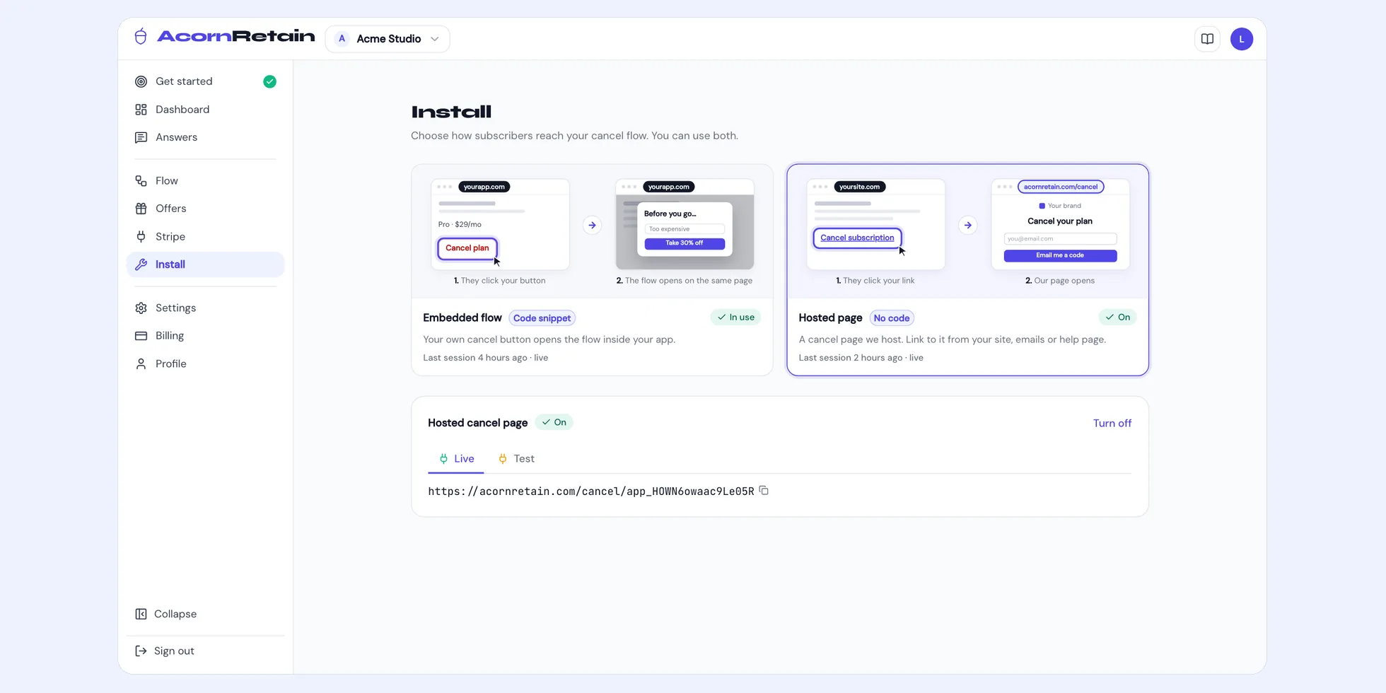 The Install page: an embedded flow opened from your own cancel button, beside a hosted cancel page reached from a link, with the hosted page turned on and its live link shown.